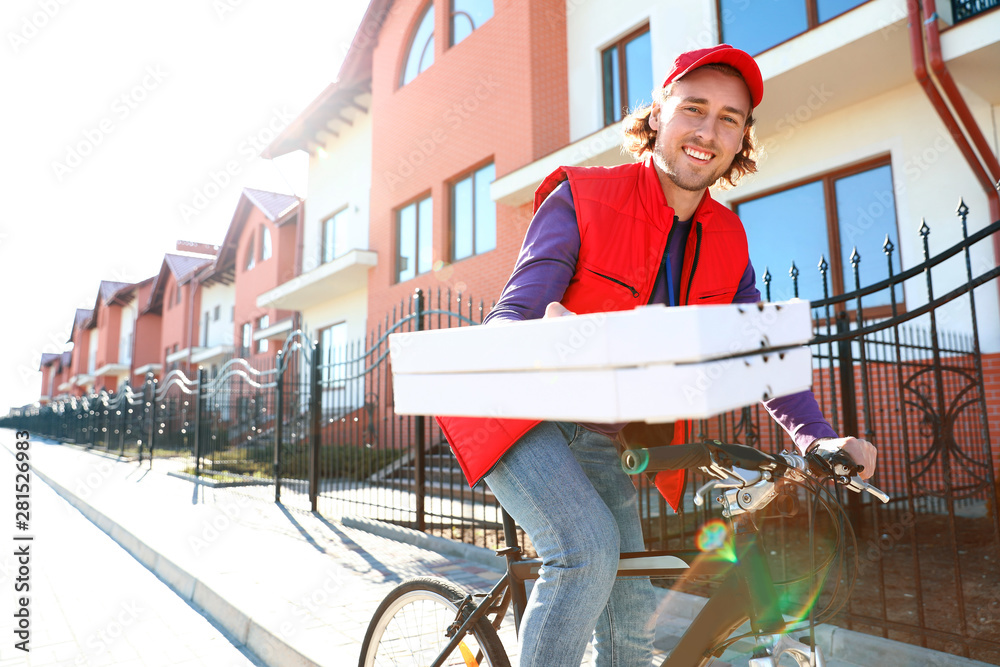 Male courier on bicycle delivering food in city
