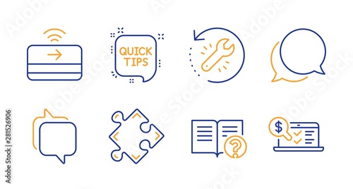Messenger, Chat message and Help line icons set. Strategy, Recovery tool and Quick tips signs. Contactless payment, Online accounting symbols. Speech bubble, Documentation. Education set. Vector