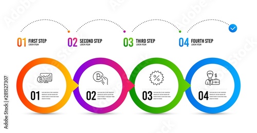 Bitcoin chart, Discount and Bitcoin pay line icons set. Timeline infographic. Businessman case sign. Cryptocurrency statistics, Special offer, Cryptocurrency coin. Human resources. Finance set. Vector