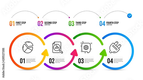 Electric plug sign. Infographics timeline. Cogwheel, Pie chart and Analytics graph line icons set. Engineering, Presentation graph, Chart report. Energy. Technology set. Cogwheel icon. Vector