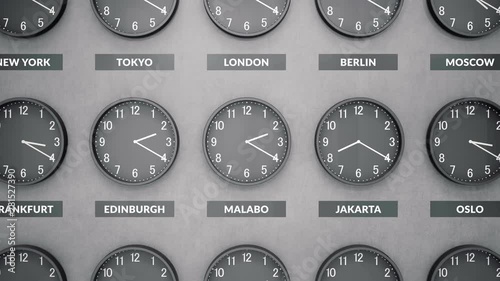 Round clocks show different time zones on a dark concrete wall. Camera moves left to right. Clock face timelapse 60fps 4K animation.