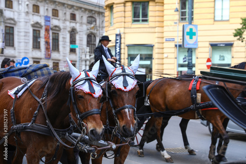 VIENNA, AUSTRIA - APRIL 26, 2019: Horse drawn carriages on city road