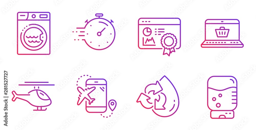 Flight destination, Online shopping and Laundry line icons set. Seo certificate, Recycle water and Helicopter signs. Timer, Water cooler symbols. Airplane trip, Notebook with shopping cart. Vector Flight destination, Online shopping and Laundry line icons set. Seo certificate, Recycle water and Helicopter signs. Timer, Water cooler symbols. Airplane trip, Notebook with shopping cart. Vector