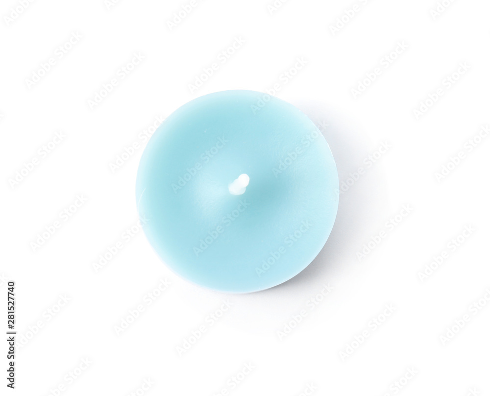 Small blue wax candle isolated on white, top view Small blue wax candle isolated on white, top view