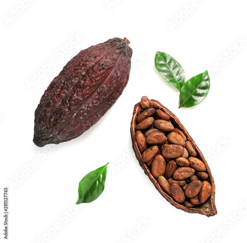 Composition with cocoa pods on white background, top view