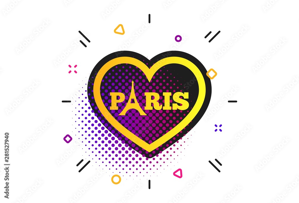 Eiffel tower icon. Halftone dots pattern. Paris symbol. Heart sign. Classic flat paris icon. Vector
