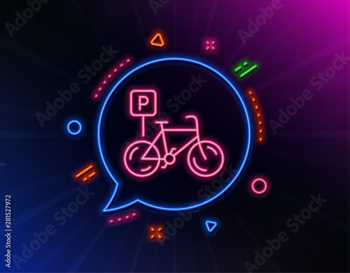 Bicycle parking line icon. Neon laser lights. Bike park sign. Public transport place symbol. Glow laser speech bubble. Neon lights chat bubble. Banner badge with bicycle parking icon. Vector