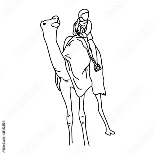 Bedouin or tourist on a Camel vector illustration sketch doodle hand drawn with black lines isolated on white background