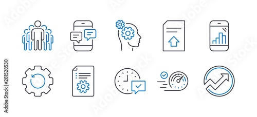 Set of Technology icons, such as Recovery gear, Upload file, Speedometer, Graph phone, Select alarm, Group, Phone messages, Thoughts, Technical documentation, Audit line icons. Vector