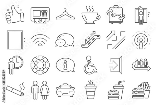 Public Services, Wifi line icons. Elevator, Cloakroom and Taxi icons. Exit, ATM and Escalator. Wifi, Lift or elevator, Restaurant food. Public cloakroom, information, coffee and smoking. Vector