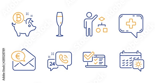 Bitcoin coin, Algorithm and Online survey line icons set. 24h service, Euro money and Medical chat signs. Champagne glass, Travel calendar symbols. Piggy bank, Developers job. Business set. Vector