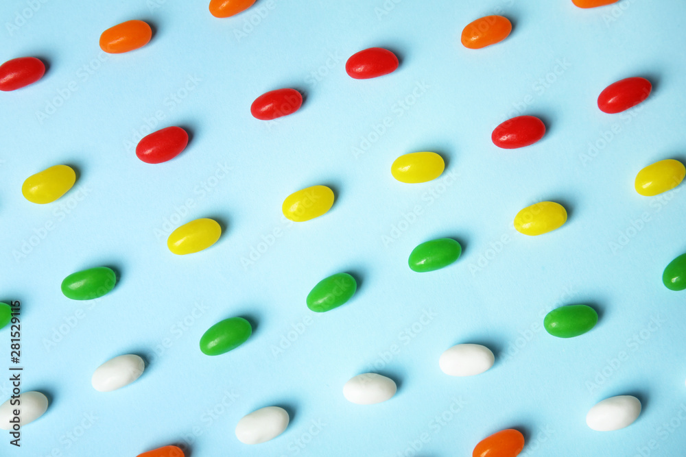Flat lay composition with jelly beans on color background Flat lay composition with jelly beans on color background