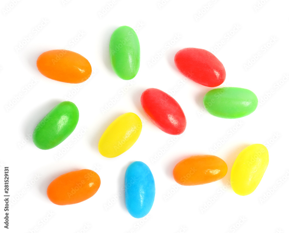 Delicious colorful jelly beans isolated on white, top view Delicious colorful jelly beans isolated on white, top view
