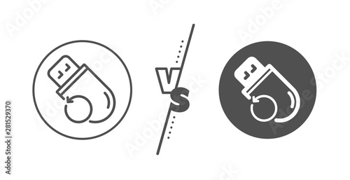 Backup data sign. Versus concept. Recovery usb memory line icon. Restore information symbol. Line vs classic flash memory icon. Vector