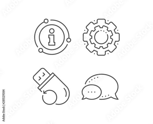 Recovery usb memory line icon. Chat bubble, info sign elements. Backup data sign. Restore information symbol. Linear flash memory outline icon. Information bubble. Vector