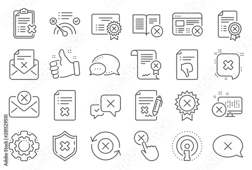 Reject or cancel line icons. Set of Decline certificate, Cancellation and Dislike icons. Refuse, Reject stamp, Disapprove or cancel. Wrong agreement, delete certificate, checklist document. Vector