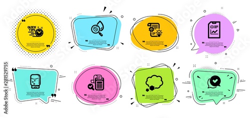 Water analysis, Water cooler and Bill accounting line icons set. Chat bubbles with quotes. Approved, Quick tips and Talk bubble signs. Report document, Cogwheel symbols. Vector