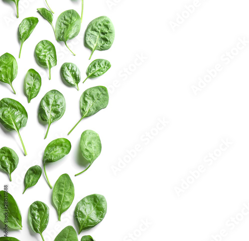 Fresh green healthy baby spinach leaves on white background  top view