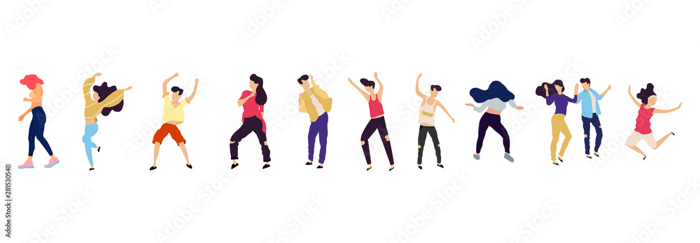 Crowd of young people dancing at club. Big set of characters having fun at party. Flat colorful vector illustration. Crowd of young people dancing at club. Big set of characters having fun at party. Flat colorful vector illustration.