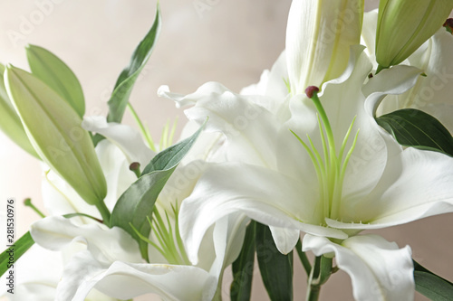 Beautiful lilies on light brown background, closeup view