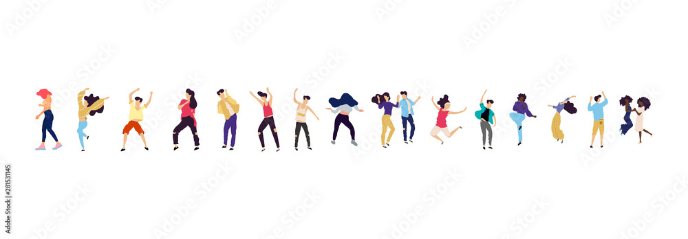 Crowd of young people dancing at club. Big set of characters having fun at party. Flat colorful vector illustration. Crowd of young people dancing at club. Big set of characters having fun at party. Flat colorful vector illustration.