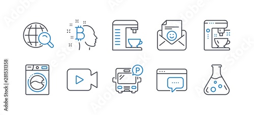 Set of Technology icons, such as Video camera, Washing machine, Smile, Coffee maker, Internet search, Seo message, Bitcoin think, Coffee machine, Bus parking, Chemistry lab line icons. Vector