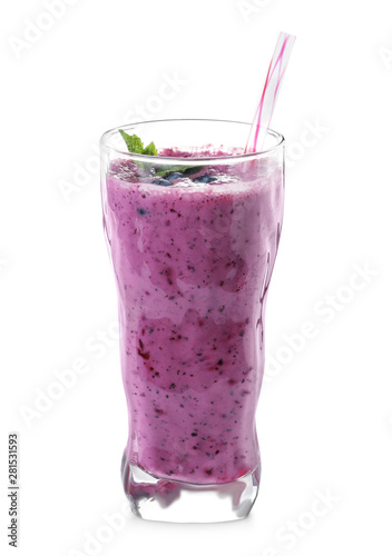 Glass of tasty blueberry smoothie with straw on white background