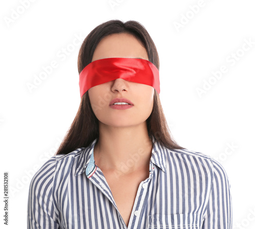 Young woman wearing red blindfold on white background