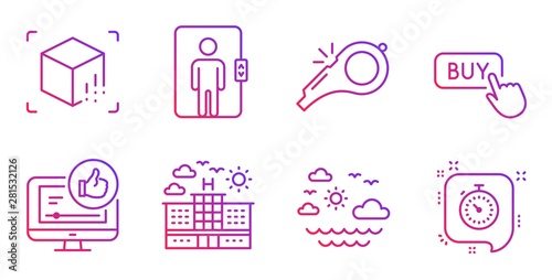 Travel sea, Augmented reality and Like video line icons set. Hotel, Whistle and Elevator signs. Buy button, Timer symbols. Summer holidays, Virtual reality. Business set. Vector