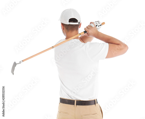 Young man playing golf on white background