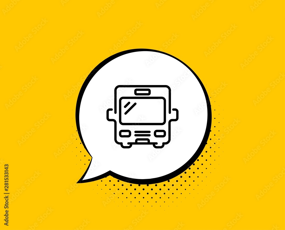 Bus transport line icon. Comic speech bubble. Transportation sign. Tourism or public vehicle symbol. Yellow background with chat bubble. Bus icon. Colorful banner. Vector Bus transport line icon. Comic speech bubble. Transportation sign. Tourism or public vehicle symbol. Yellow background with chat bubble. Bus icon. Colorful banner. Vector