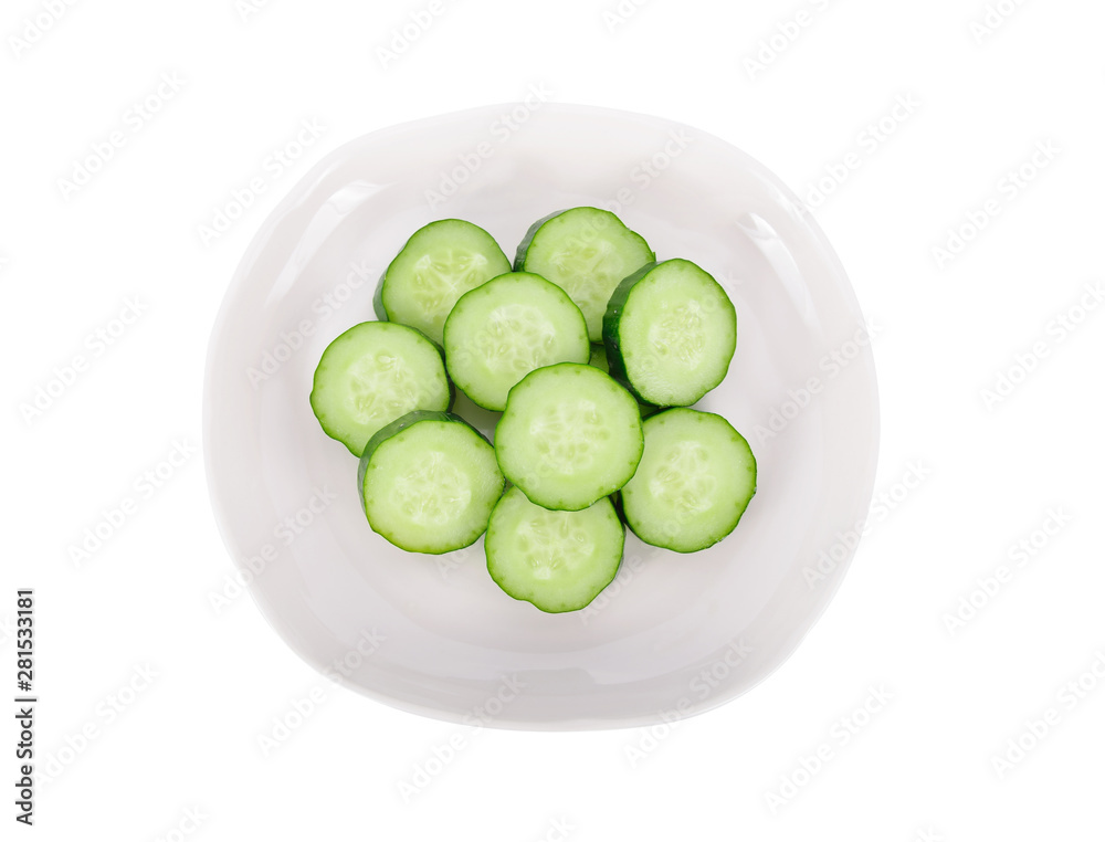 sliced fresh Japanese cucumbers in white plate on white background sliced fresh Japanese cucumbers in white plate on white background