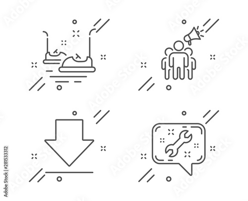 Wallpaper Mural Bumper cars, Brand ambassador and Downloading line icons set. Spanner sign. Carousels, Megaphone, Load information. Repair service. Technology set. Line bumper cars outline icon. Vector Torontodigital.ca