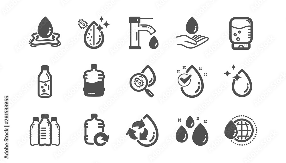 Water drop icons. Bottle, Antibacterial filter and Tap water. Clean water classic icon set. Quality set. Vector