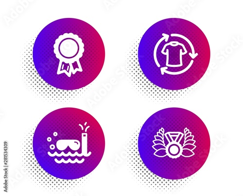 Change clothes, Scuba diving and Success icons simple set. Halftone dots button. Laureate medal sign. Shirt, Trip swimming, Award reward. Laurel wreath. Sports set. Vector