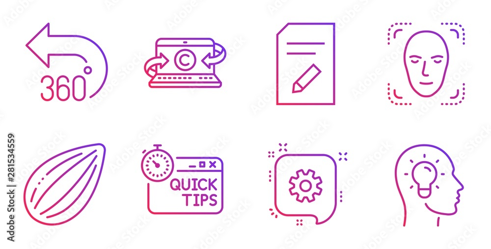 Almond nut, 360 degrees and Edit document line icons set. Cogwheel, Copywriting notebook and Face detection signs. Quick tips, Idea head symbols. Vegetarian food, Full rotation. Business set. Vector Almond nut, 360 degrees and Edit document line icons set. Cogwheel, Copywriting notebook and Face detection signs. Quick tips, Idea head symbols. Vegetarian food, Full rotation. Business set. Vector