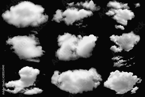 Set of clouds white fluffy for design on a isolated elements black background.