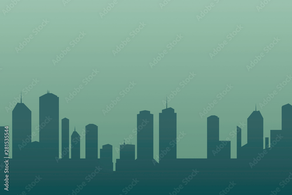Cityscape with greenish blue background in the night - Flat design illustration with cropped silhouettes