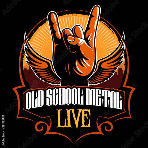 Hard rock, heavy metal, sign of the horns, rock sign hand with the wings, rock vector logo.