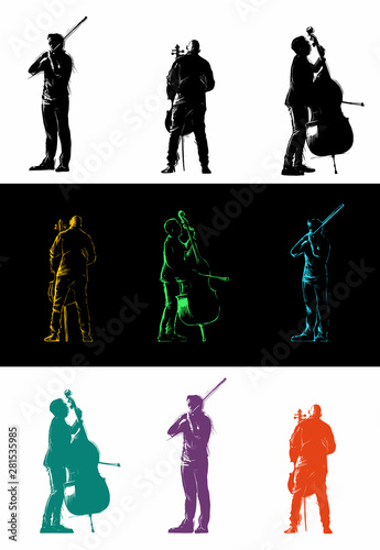 Set of musicians playing classical instruments. Men playing the violin, cello, and string bass. Vector isolated design elements.