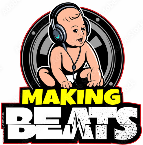 Cute baby with the headphones and loudspeaker on background, music vector logo.