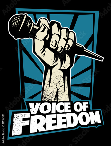 Microphone in a hand, hand holding a microphone in a fist, vector logo or poster design concept.