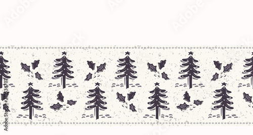 Hand drawn abstract Christmas tree seamless border pattern. Holly leaf and fir tree branch on white background. inter holiday ribbon banner.