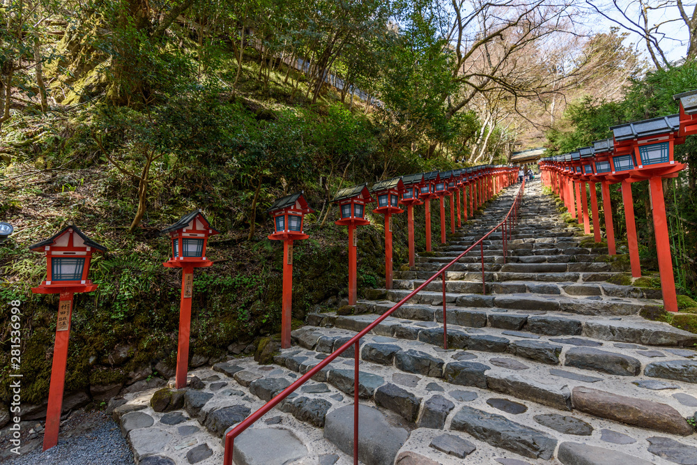 View of red lanterns along stone steps View of red lanterns along stone steps