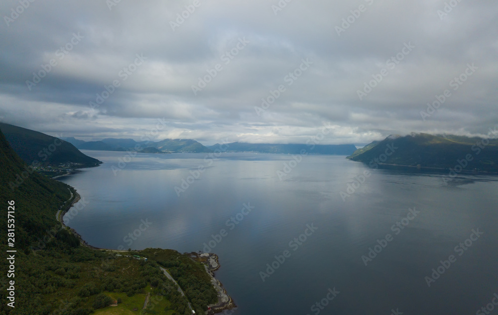 Aerial(drone) view on mountains and Vartdalsfjord in july 2019, Norway