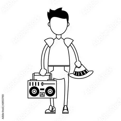 hipster boy with stereo illustration in black and white