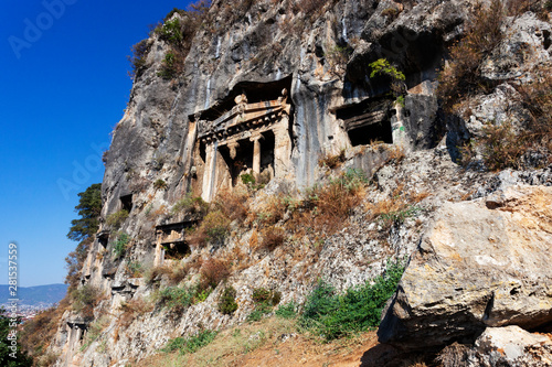 Fethiye King Tombs, Fethiye center of the 4th century BC, carved into the rock tomb. The Lycian Amintas King Tombs were built in Ionian style and carved from a single piece of rock. photo