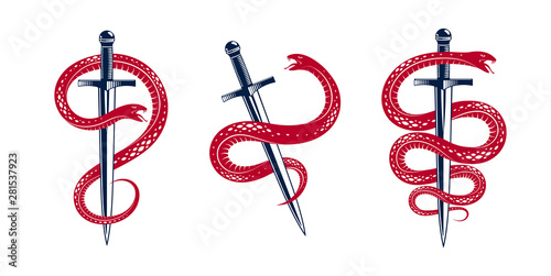 Snake and Dagger, Serpent wraps around a sword vector vintage tattoo, Life is a Fight concept, allegorical logo or emblem of ancient symbol.