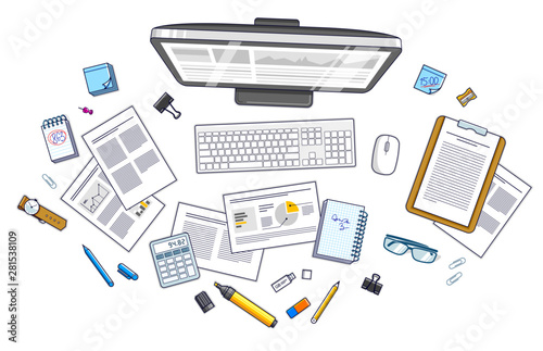 Work desk workspace top view with PC computer and analytics papers with graphs and data and stationery objects on table. All elements are easy to use separately or recompose illustration. Vector.