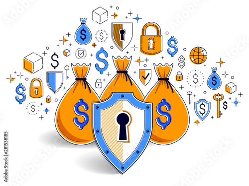 Shield over money bags, savings insurance, safe business, financial protection concept, investments credits and deposit banking idea, vector design.